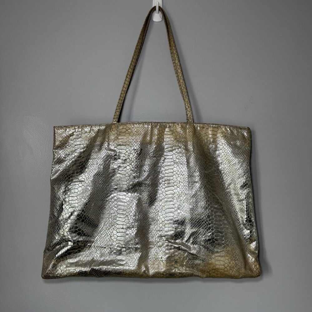 Vintage Carlos Falchi Silver Metallic Snakeskin Embossed Handbag Tote Bag